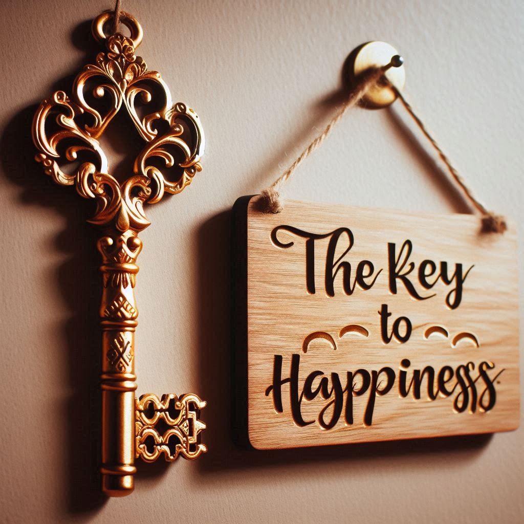 A decorative golden key and a wooden sign hanging on a wall.