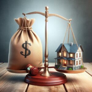 A balance scale weighing a bag of money against a miniature house, with a gavel placed on the table, symbolizing financial and legal aspects of real estate