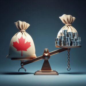 A balance scale with a large sack featuring a red maple leaf symbol on one side and a stack of coins on the other side.