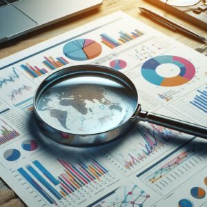 Magnifying glass placed over financial charts and graphs, highlighting a world map amidst data visualization elements.
