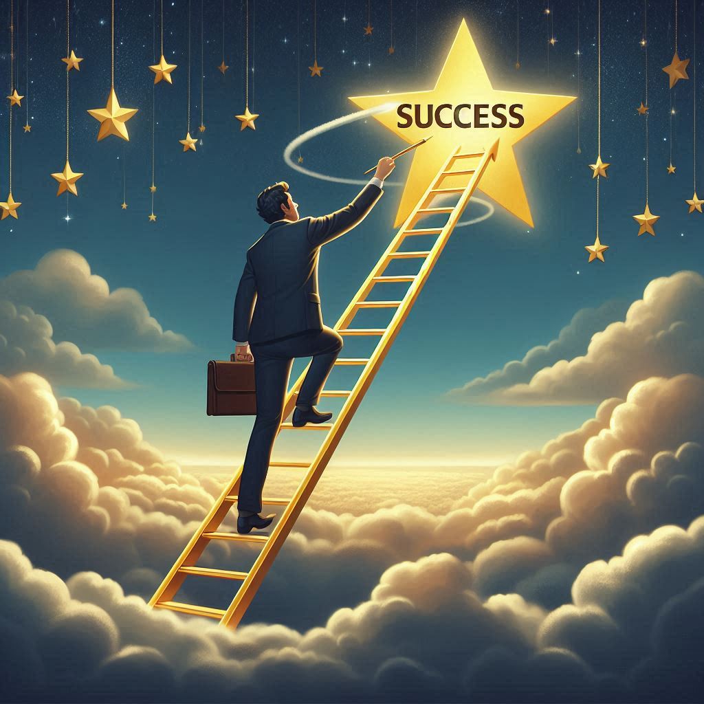 Businessman climbing a golden ladder through clouds toward a glowing star labeled 'SUCCESS,' surrounded by smaller stars.