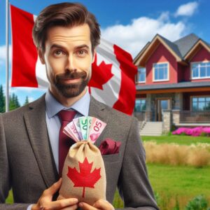 A confident man in a suit holding a burlap sack decorated with a red maple leaf and filled with Canadian banknotes. Behind him, a large red and white Canadian flag waves next to a modern, elegant home under a bright blue sky.