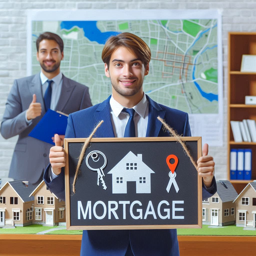A professional man in a suit holds a chalkboard sign displaying a house, key, and pin icon with the word 'MORTGAGE,' while another professional in the background gives a thumbs-up and holds a clipboard, set against a map and office environment."