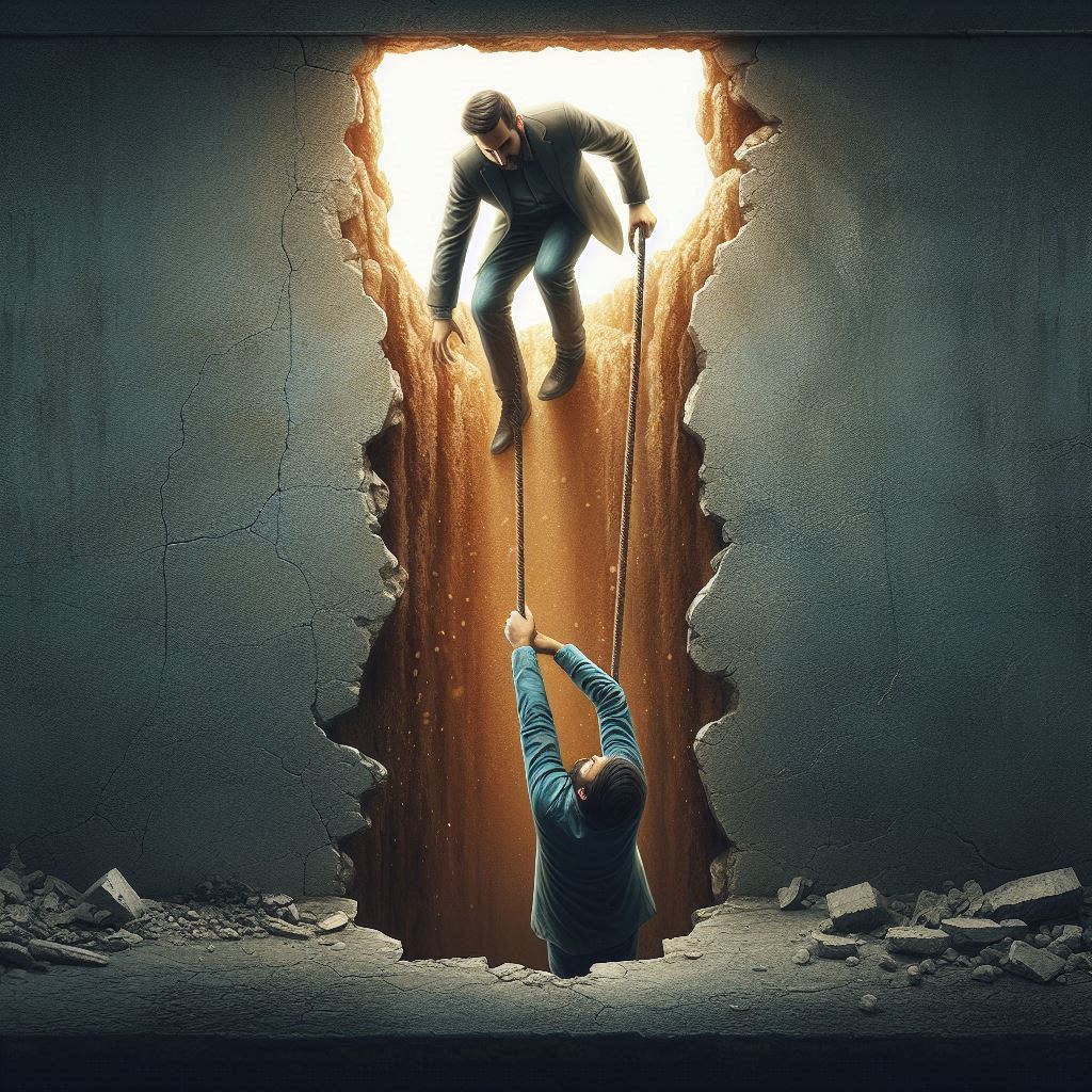 One man reaching down to help another man climb out of a deep crevice using a rope, with light streaming through the opening above and cracked walls framing the scene.