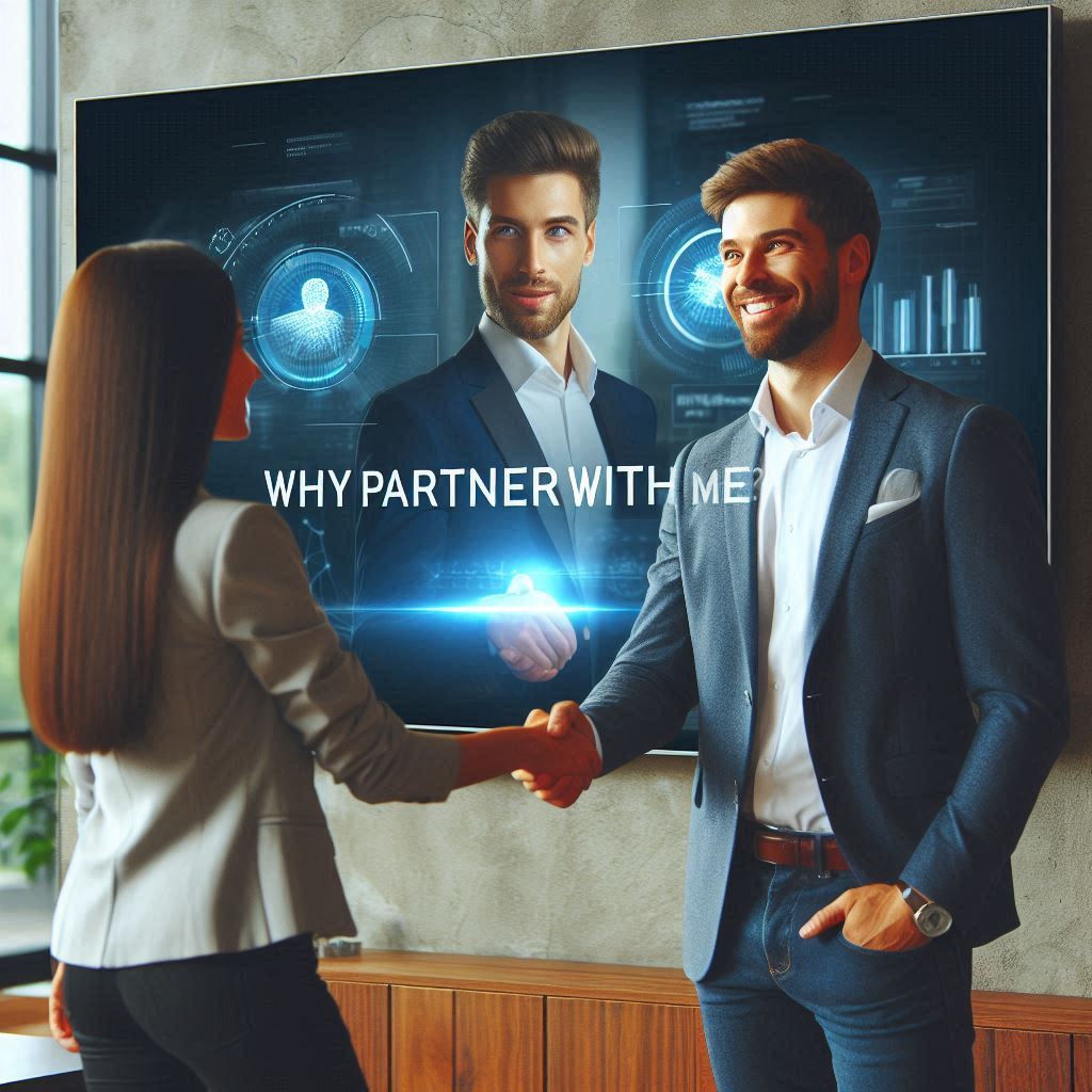 A professional man and woman shaking hands in front of a modern digital display showing the text 'Why Partner With Me?' and a futuristic graphic of a man with holographic data visuals.