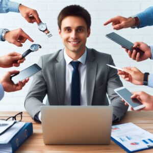 A smiling businessman in a suit working at a laptop, surrounded by multiple hands holding phones, watches, and pens, representing multitasking and high demand