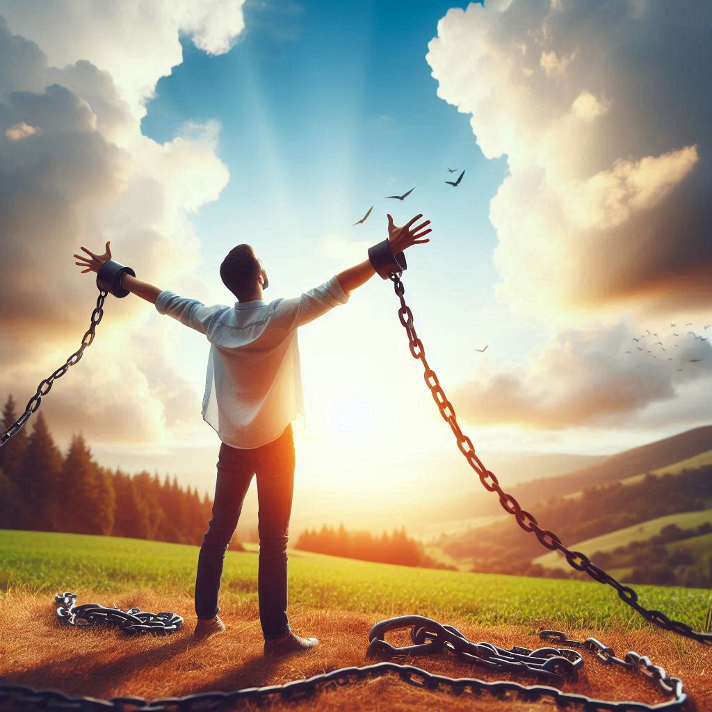 Man breaking free from heavy chains in an open field under a bright sunrise, symbolizing freedom and new beginnings.