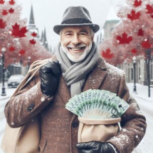A person standing outdoors in a snowy environment, holding a bag and fanning out a stack of Canadian dollar bills.