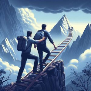 Two hikers with backpacks ascending a narrow ladder-like path suspended in the air, leading toward a distant mountain peak surrounded by clouds and a dramatic sky