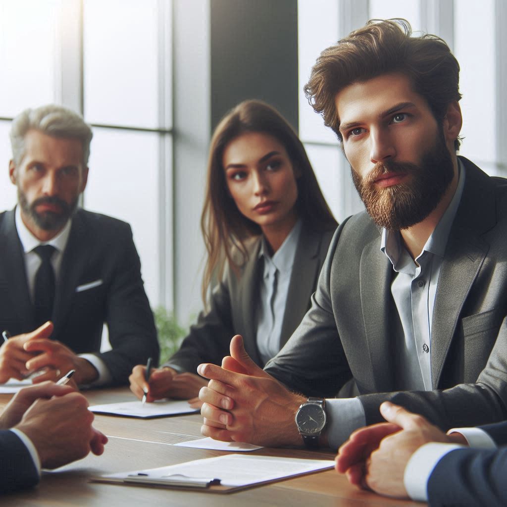 Focused group of professionals in a modern boardroom discussing business strategies.