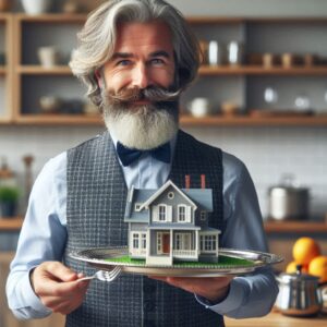 Smiling man with a gray beard and bow tie presenting a model house on a silver platter in a cozy kitchen setting