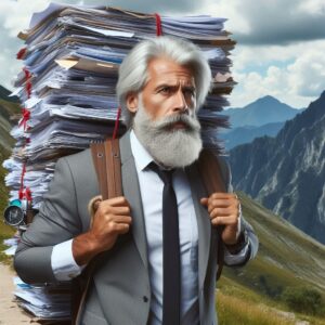 An elderly man with a white beard and suit carrying an enormous stack of paperwork on his back, hiking along a mountain trail with rugged peaks in the background. The image symbolizes burden, perseverance, and resilience in the face of challenges.