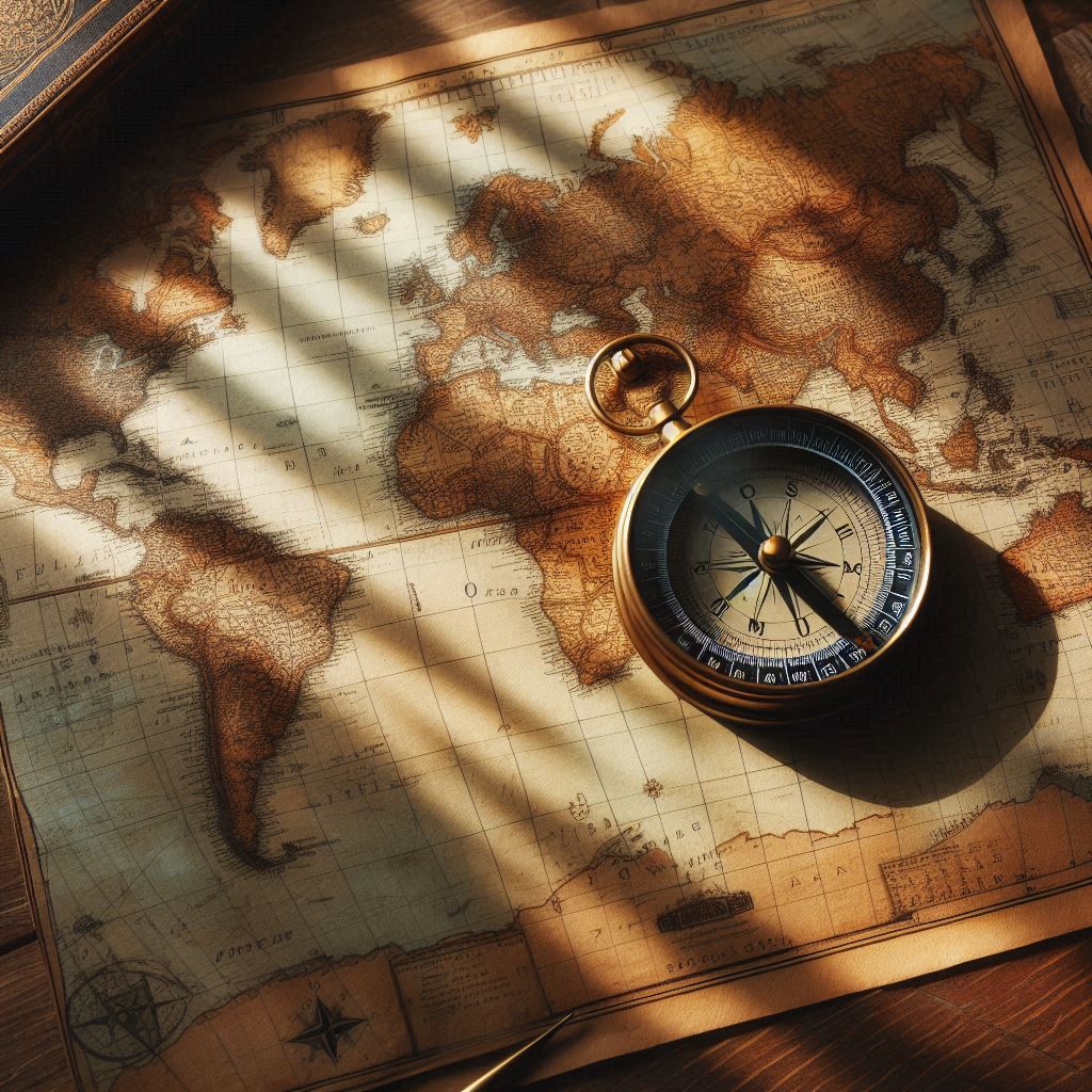 An antique map of the world with a vintage brass compass placed on top of it.