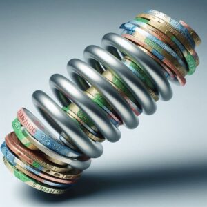 A metallic spring tightly compressing stacks of colorful currency coins, symbolizing financial pressure and resilience.