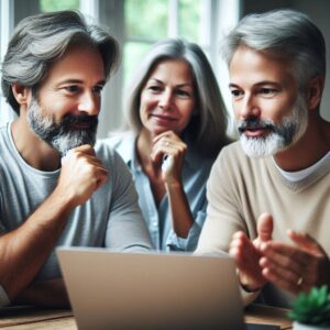 A mortgage agent explaining financial options to a mature couple, with a laptop in focus during a home meeting.