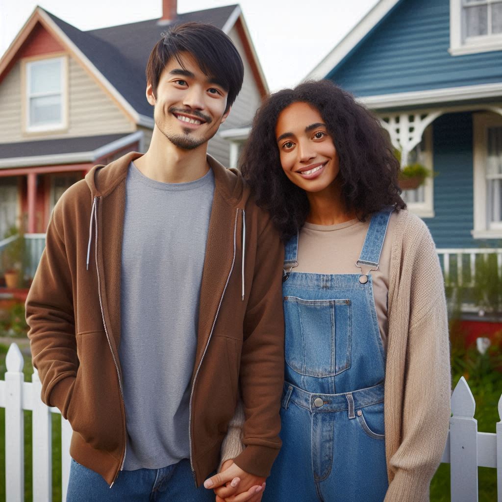 wo people standing close together in front of a white picket fence with houses in the background.