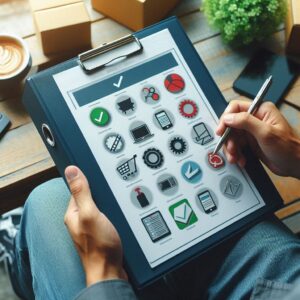 Close-up of a person holding a clipboard with various icons representing tasks, tools, and processes, suggesting organization and project management
