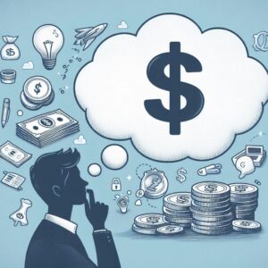 A man in deep thought with a cloud-shaped thought bubble featuring a large dollar sign, surrounded by illustrations of financial symbols such as coins, bills, light bulbs, and graphs