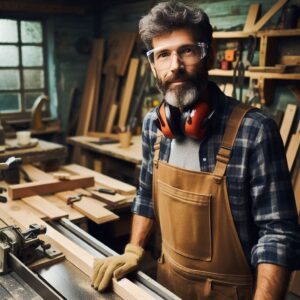 A person in a woodworking workshop, wearing a plaid shirt, brown overalls, and protective gloves, with earmuffs around their neck.