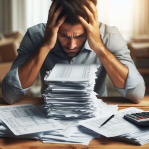 A stressed man holding his head in his hands, sitting at a table piled high with paperwork and a calculator
