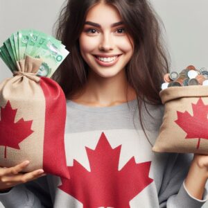 A person holding two bags of Canadian currency, one with bills and the other with coins, both featuring the red maple leaf symbol.