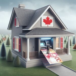 A miniature house featuring a Canadian flag, with an ATM inside dispensing Canadian dollars, representing home equity or mortgage-related transactions.