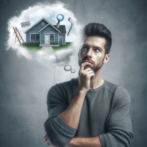 A person in a gray sweater, holding their chin thoughtfully, with a thought bubble above their head containing a house and various tools.