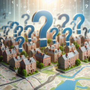 A miniature model of a suburban neighborhood with multiple houses arranged on a map, with large blue question marks floating above them.