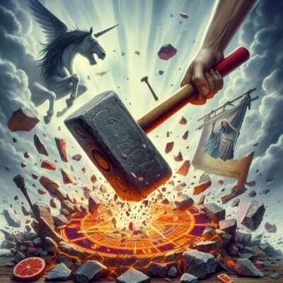 A powerful hand wielding a hammer smashing through a mystical circular pattern, surrounded by flying debris, a unicorn, and a justice banner.