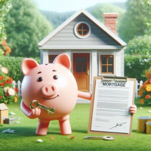 A piggy bank character standing in front of a house, holding a key and a clipboard with a mortgage document.