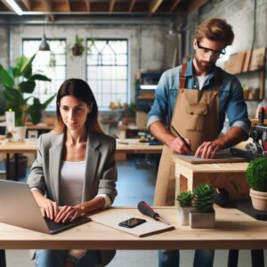A woman working on a laptop at a desk while a man in a workshop apron measures wood in the background, symbolizing teamwork in a creative workspace.