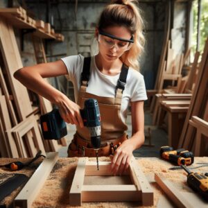 A female carpenter wearing safety goggles using a power drill to assemble wooden pieces in a workshop.