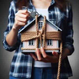 A person holding a small model house wrapped in thick rope, with a set of keys above the house.