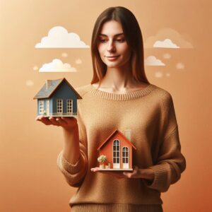 A person holding two miniature house models, one in each hand, against a warm, orange gradient background with illustrated clouds.