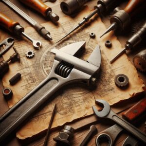 An assortment of mechanical tools, including a wrench, screws, and gears, placed on a vintage blueprint