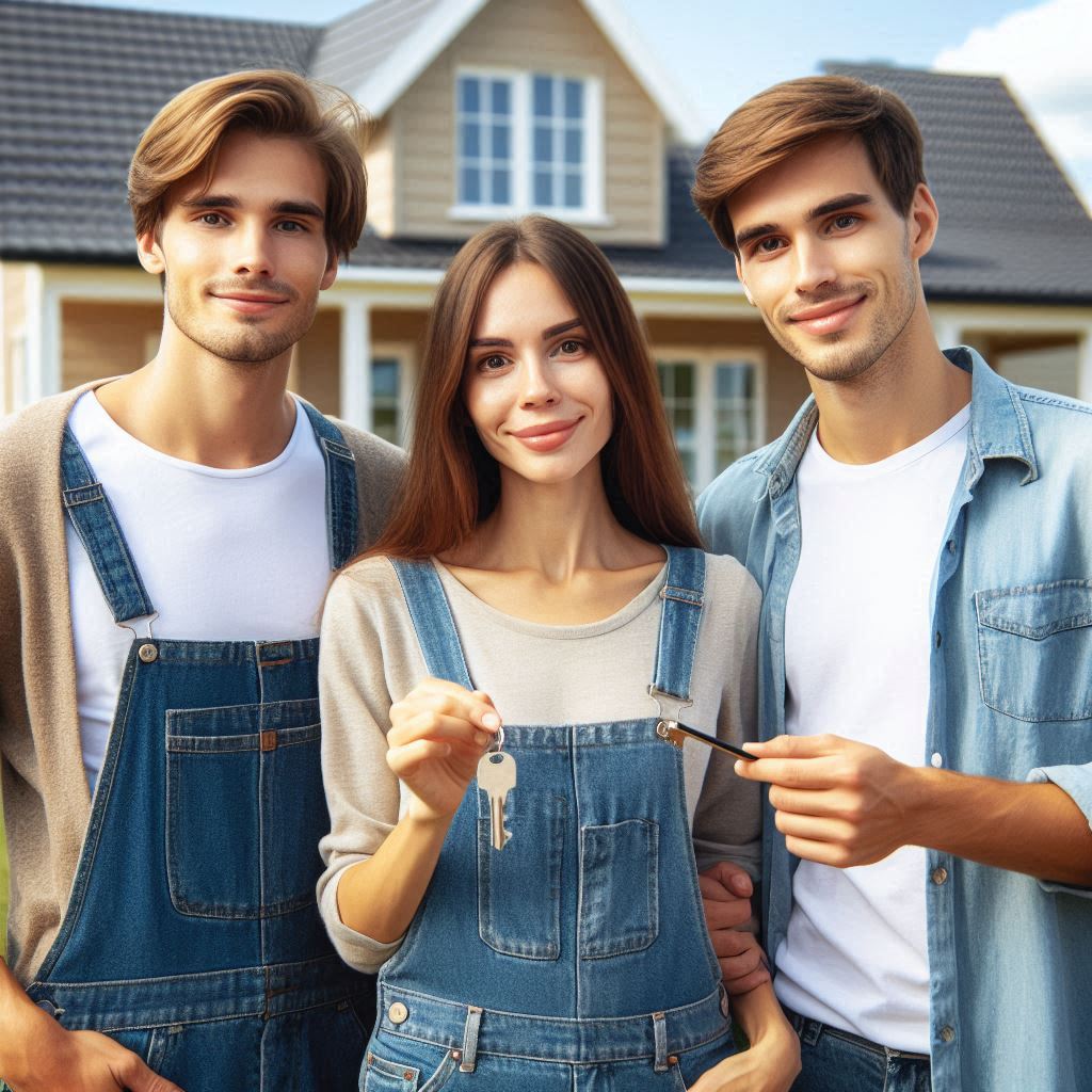 A cheerful trio standing in front of a newly purchased home, with one holding keys and another holding a tool, symbolizing homeownership and teamwork