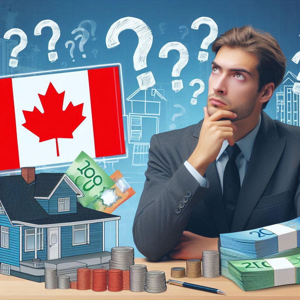 A person in a suit sitting at a desk with various financial elements around, including Canadian currency and a model house, with a Canadian flag in the background.