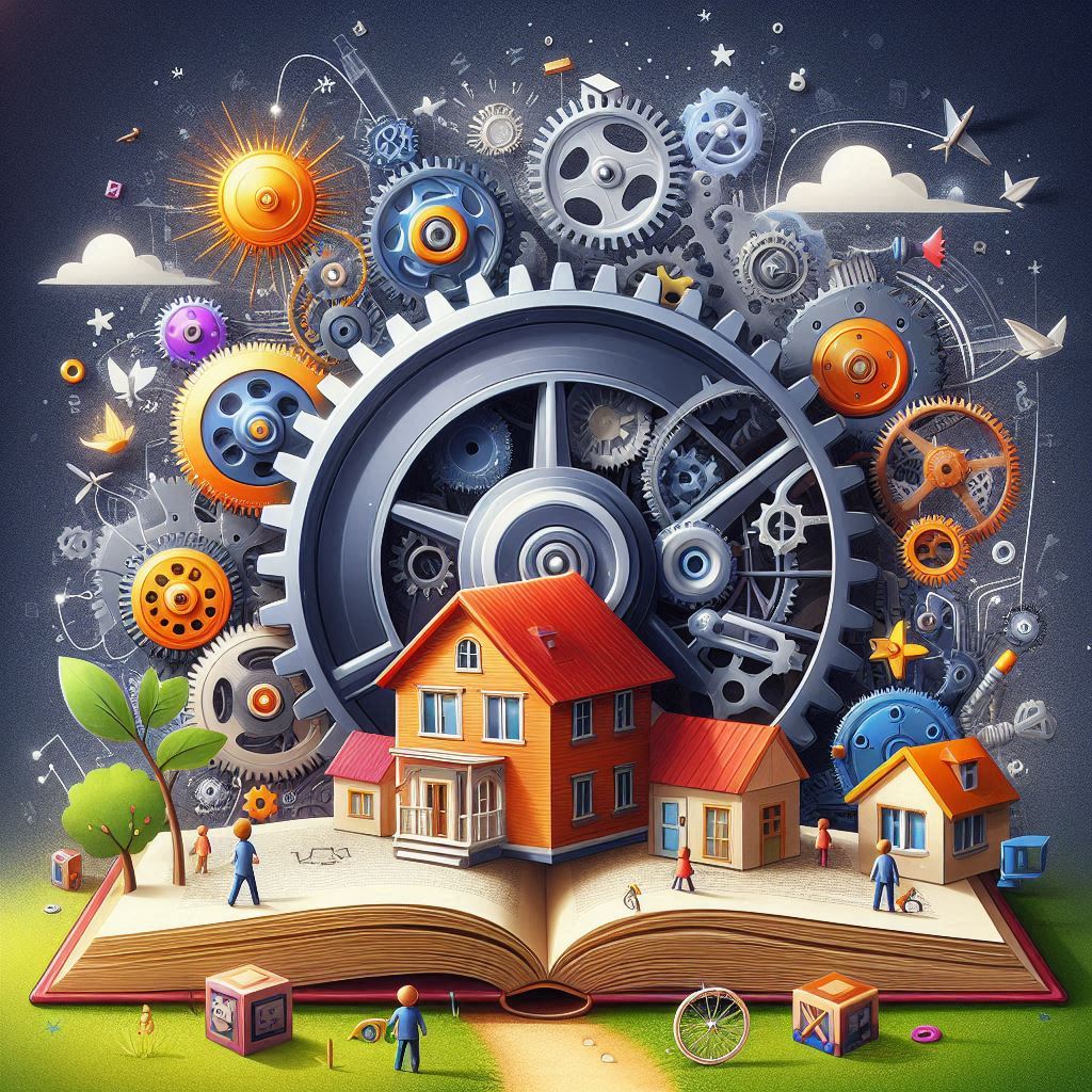 "An open book with miniature houses and figurines placed on its pages, surrounded by a massive arrangement of colorful mechanical gears and cogs against a dark background