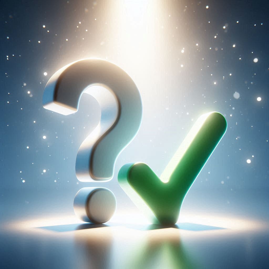 Glowing question mark and checkmark side by side under a spotlight, symbolizing decision-making.