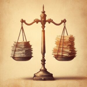 A vintage scale balancing stacks of papers, symbolizing legal or financial decisions and the weight of documentation.
