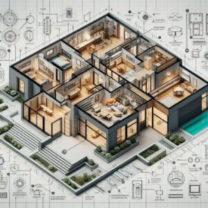 Detailed 3D floor plan of a modern, single-story house surrounded by technical blueprint schematics, highlighting a pool and open living spaces.