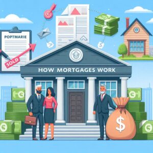 illustration of a financial institution labeled 'How Mortgages Work,' with business professionals and symbols of money, houses, and documents, illustrating the mortgage process.