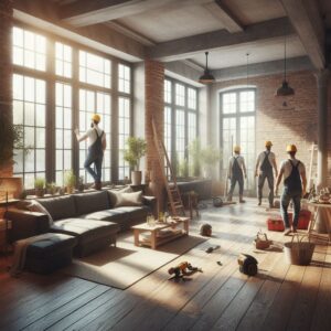 A spacious loft with large windows being renovated by a team of workers in overalls and safety helmets, with tools and equipment scattered throughout the space