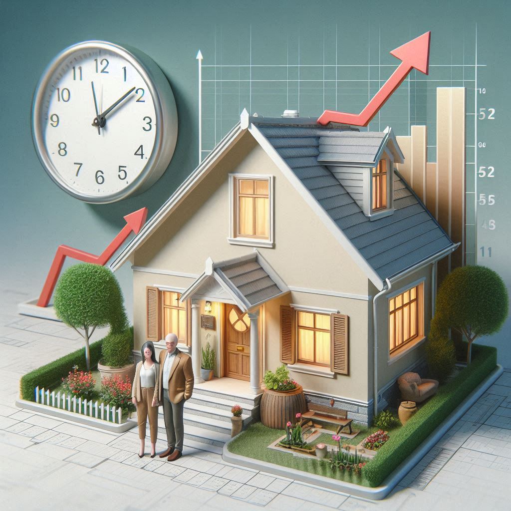 A miniature house model surrounded by a lush garden, with a clock and rising graph arrows in the background, symbolizing real estate growth and timing.