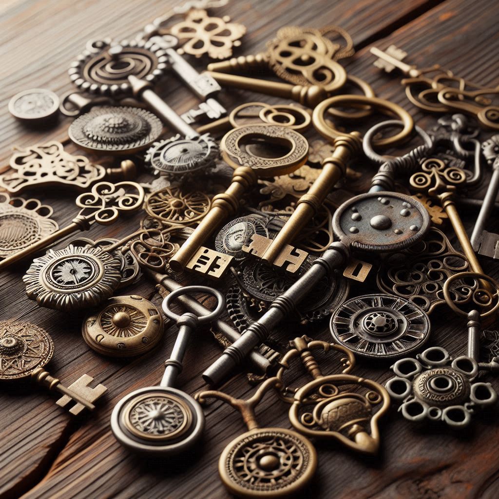 Collection of ornate vintage keys displayed on a wooden surface.