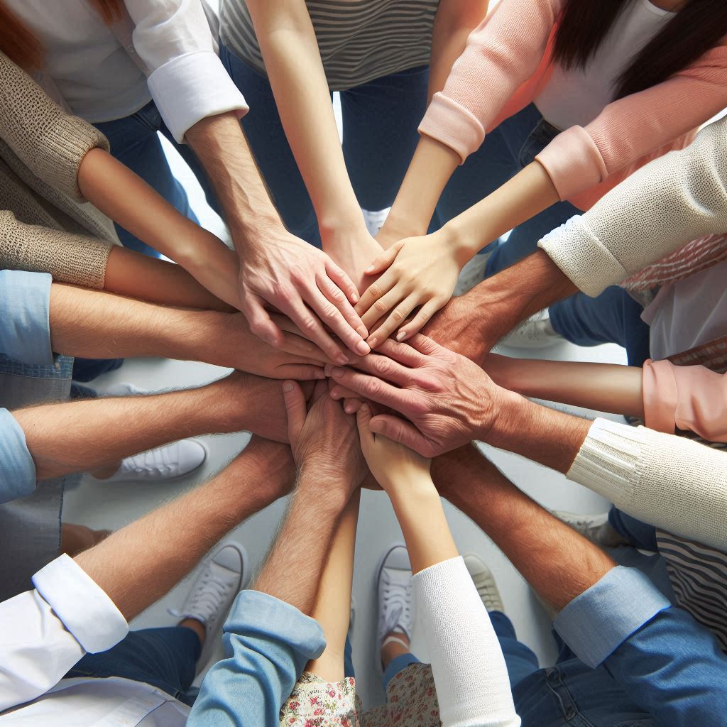 Close-up of a diverse group of people joining hands in a united stack, symbolizing teamwork and collaboration.