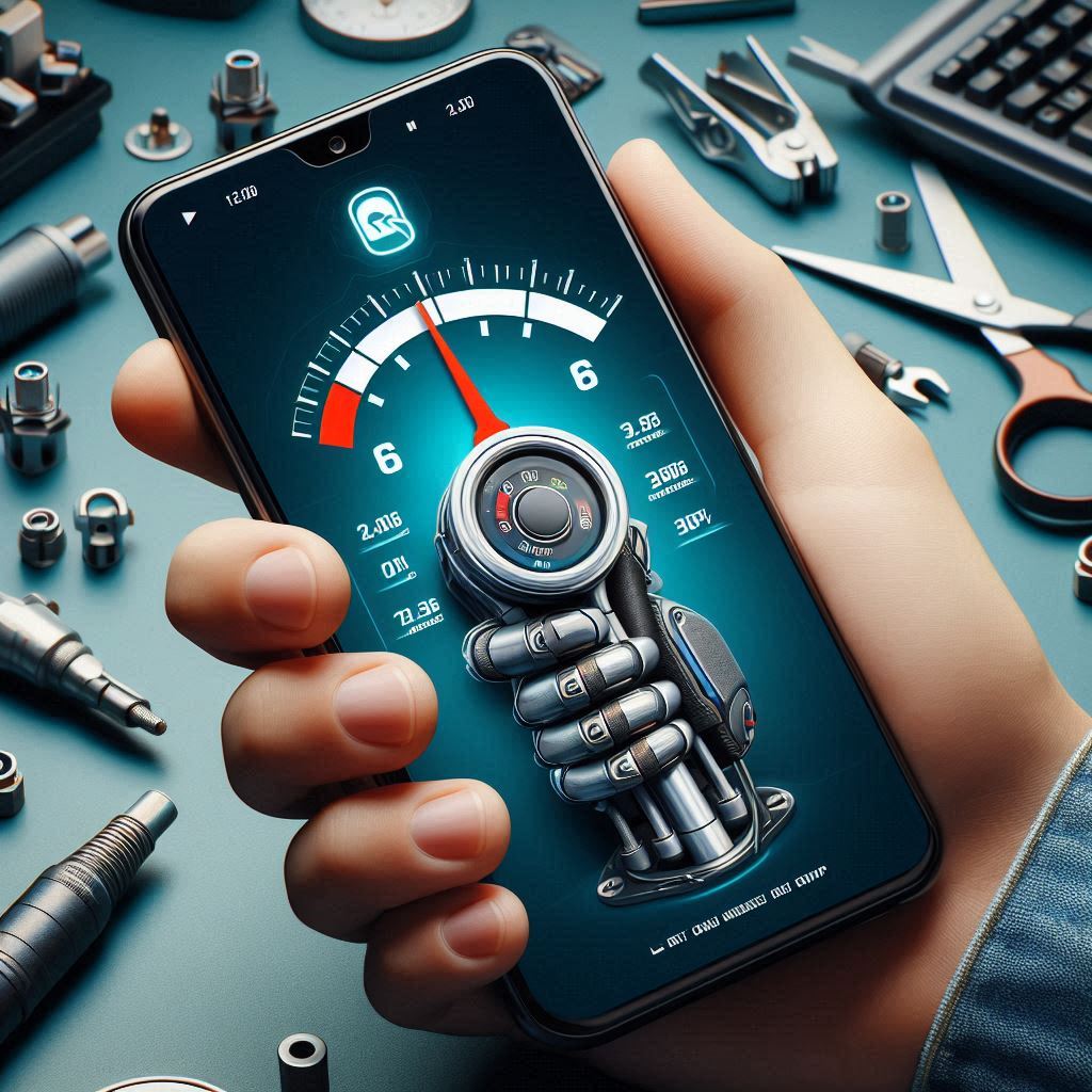 "A hand holding a smartphone displaying a futuristic speedometer interface, surrounded by mechanical tools on a workbench