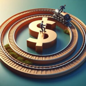 Symbolic representation of financial cycles with a dollar sign at the center of circular train tracks, featuring a miniature train and a figure navigating the path.
