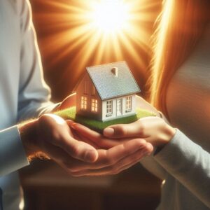 Hands of a couple gently holding a miniature house under a warm glowing light, symbolizing the dream of homeownership.