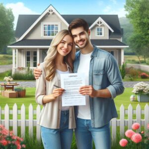 Two people standing in front of a house with a white picket fence and a well-maintained garden, holding a document together.
